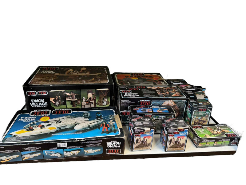 Collection of Star Wars Return of the Jedi boxed action figures including Ewok Village, Rancor Monster, The Interceptor, etc.