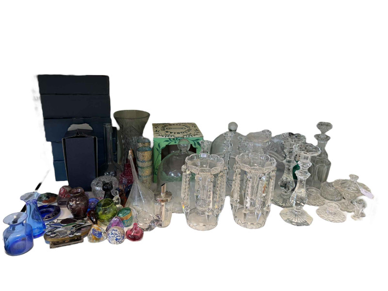 Collection of paperweights, pair of Victorian lustres, coloured glass, etc.