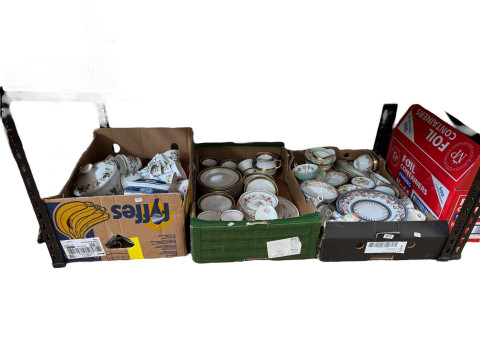 Seven boxes of decorative porcelain, figurines, part teawares, etc.