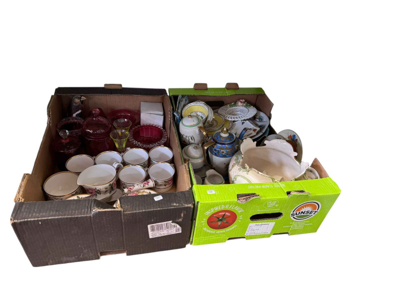 Two boxes of decorative pottery, teawares, etc.