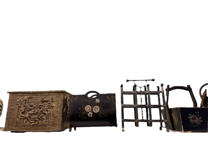 Ornate lidded bucket, coal scuttles, magazine rack, planters, fire guard, etc.