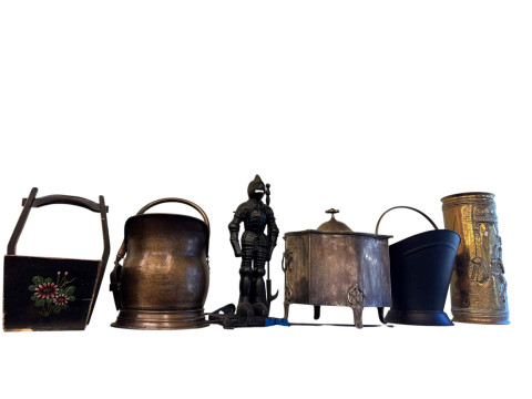 Ornate lidded bucket, coal scuttles, magazine rack, planters, fire guard,...