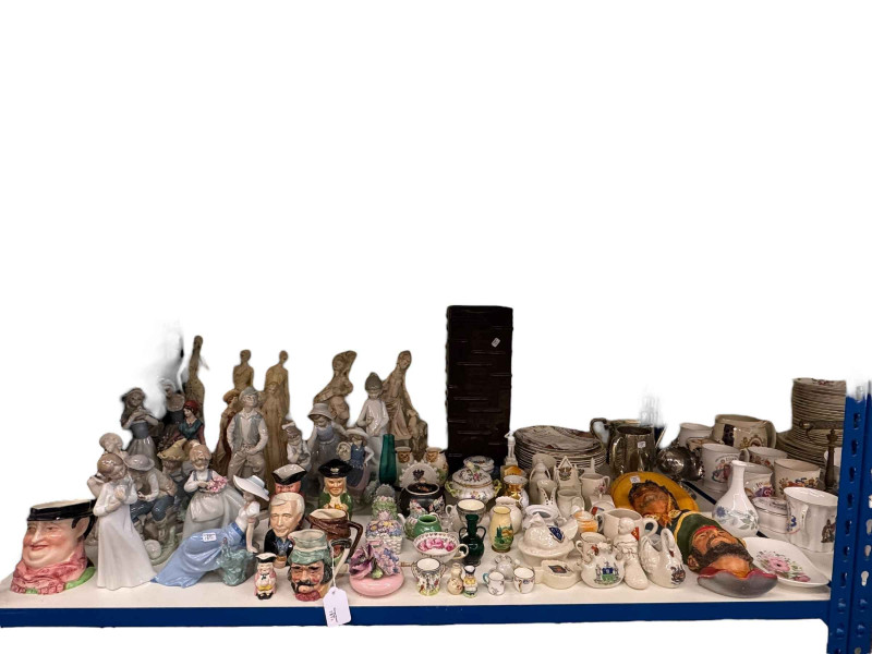 Nao figurines, toby jugs, crested china, Bossons wall plaques, metalwares, etc.