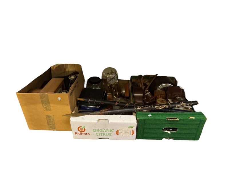 Collection of mantel clocks, cameras, boxes, etc.