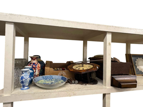 Good collection of metalwares including polished brass and copper wares, oil lamps, scales, jewellery boxes, Oriental wares, diecast vehicles, wall clocks, etc. thumbnail