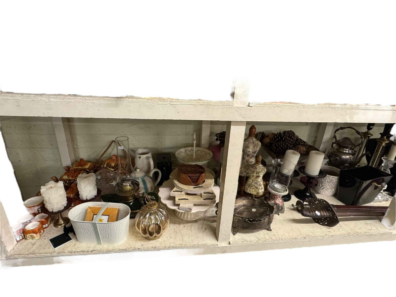 Collection of table lamps, metalwares, pottery, antlers, Victorian oil lamp, scales and weights, etc.