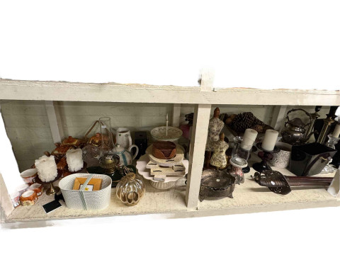 Collection of table lamps, metalwares, pottery, antlers, Victorian oil...