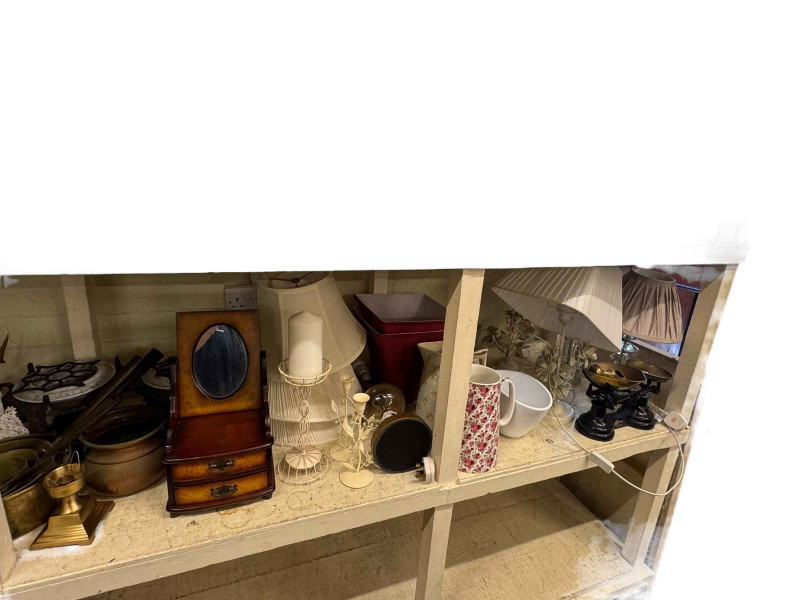 Collection of table lamps, metalwares, pottery, antlers, Victorian oil lamp, scales and weights, etc.