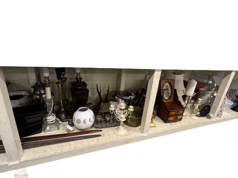 Collection of table lamps, metalwares, pottery, antlers, Victorian oil lamp, scales and weights, etc.