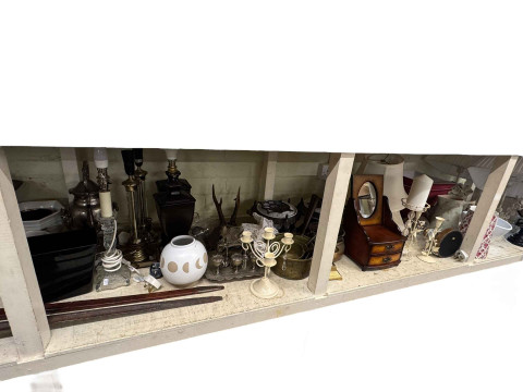 Collection of table lamps, metalwares, pottery, antlers, Victorian oil lamp, scales and weights, etc. thumbnail