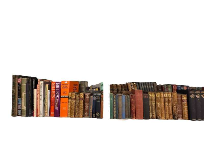 Collection of books including antique leather bound, Winston Churchill, Readers Digest, etc.