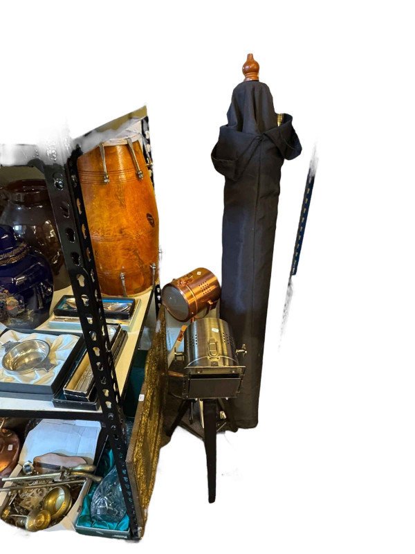 Royal Sefton crystal decanter, wall clocks, crystal glasses, firescreen, tripod floor lights, etc.