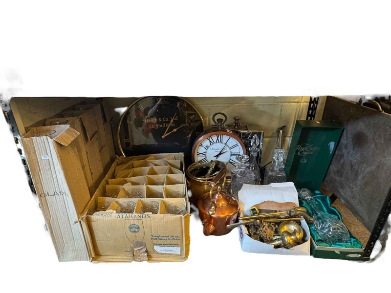 Royal Sefton crystal decanter, wall clocks, crystal glasses, firescreen, tripod floor lights, etc.