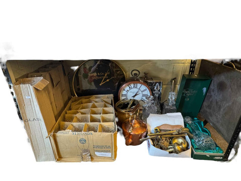 Royal Sefton crystal decanter, wall clocks, crystal glasses, firescreen,...