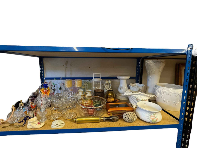 Murano clown, perfume bottles, pottery, glass, etc.