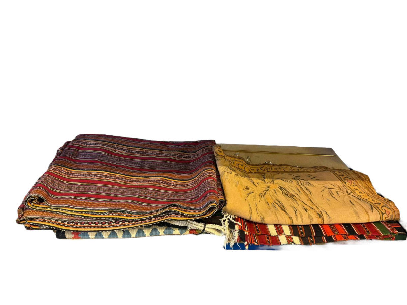 Collection of rugs, hanging wall embroidery, etc.