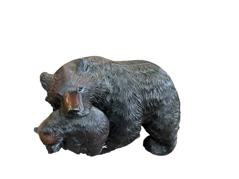 Ornate carved bear with cub, 26cm high.