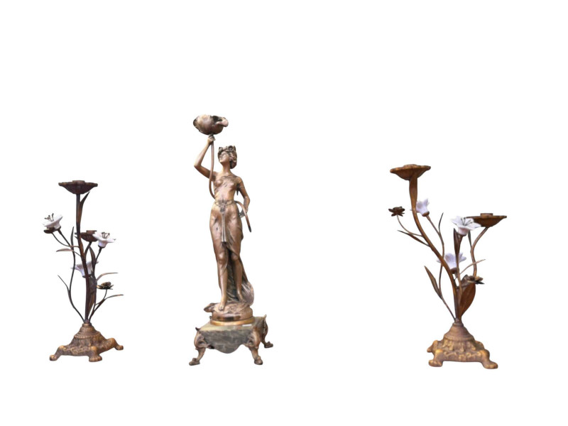 Figural lady on plinth garniture set.