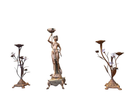 Figural lady on plinth garniture set.
