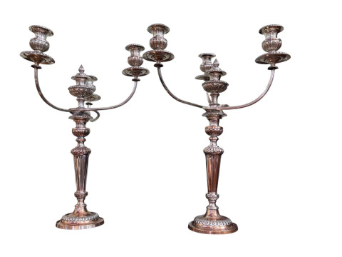 Pair of 19th Century Sheffield plate three branch candelabra's.