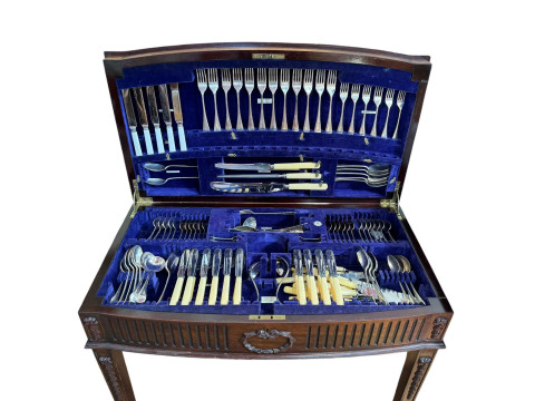 Mahogany Chippendale style table canteen with mixed cutlery.