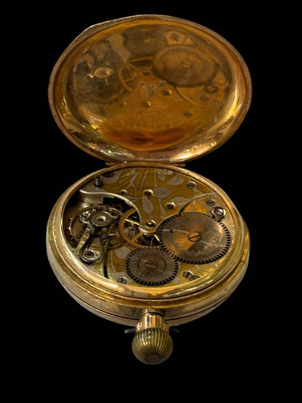 9 carat gold keyless pocket watch.