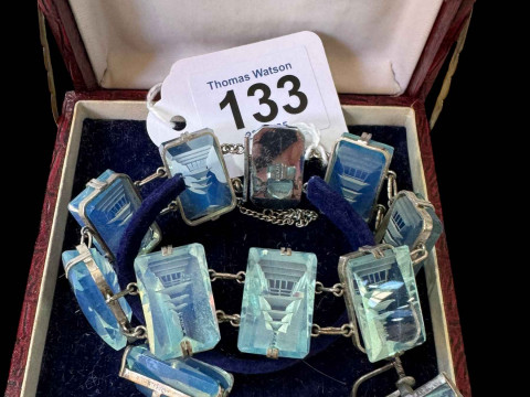 Sterling silver and blue glass bracelet and earring set (one incomplete).