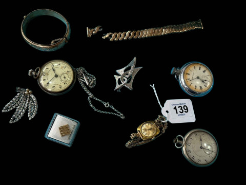 Four watches, brooch, bangle, etc.
