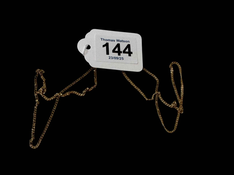 9 carat gold fine chain necklace, 54cm length.