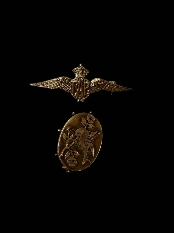 RAF wings badge and 9 carat gold bird brooch.