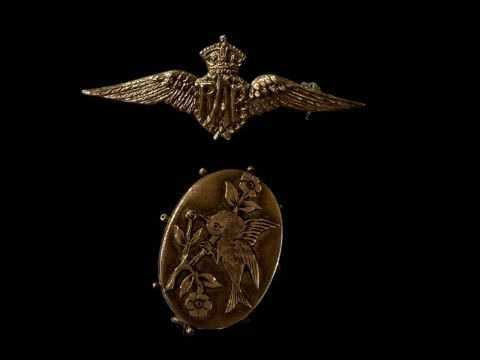 RAF wings badge and 9 carat gold bird brooch.
