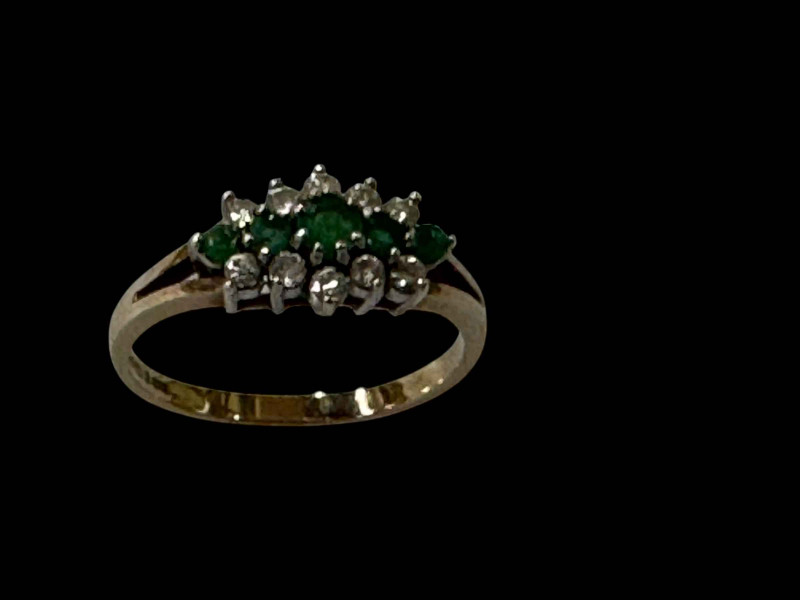 Emerald and diamond 9 carat gold ring, size Q.
