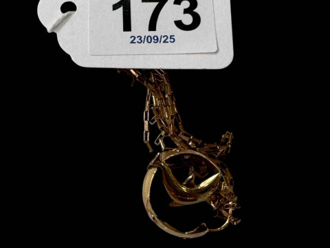 9 carat gold chain with dolphin pendant, and single earring (2).