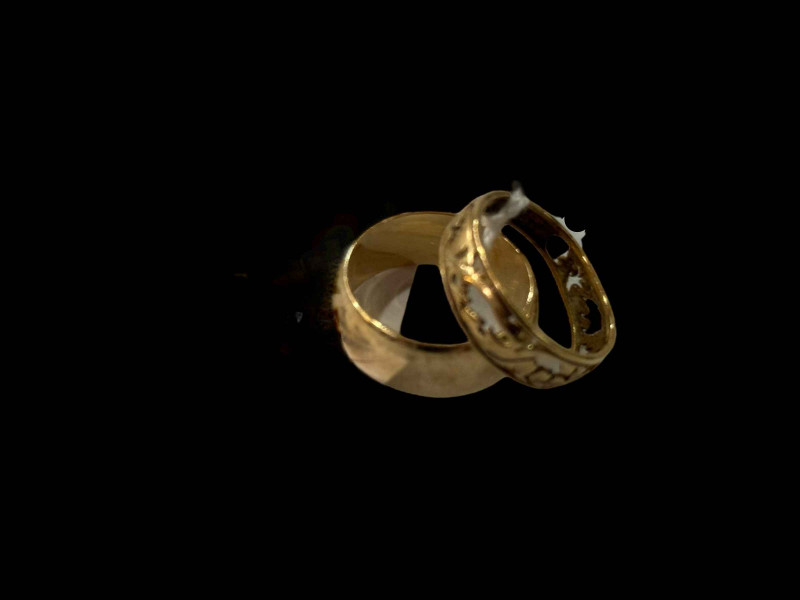 9 carat gold wedding band and unmarked gold ring pierced with animals (2).