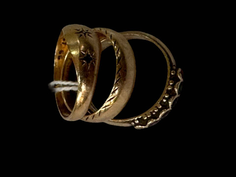 Three 9 carat gold rings, two gem set.