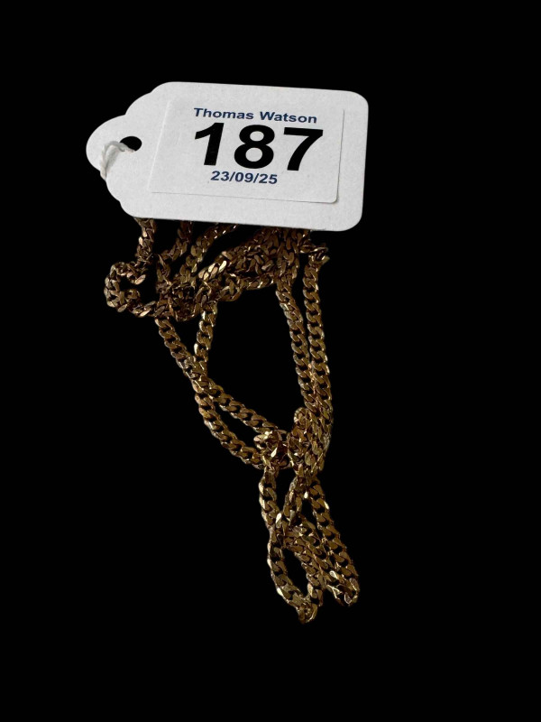 9 carat gold flat link necklace, 68cm length.
