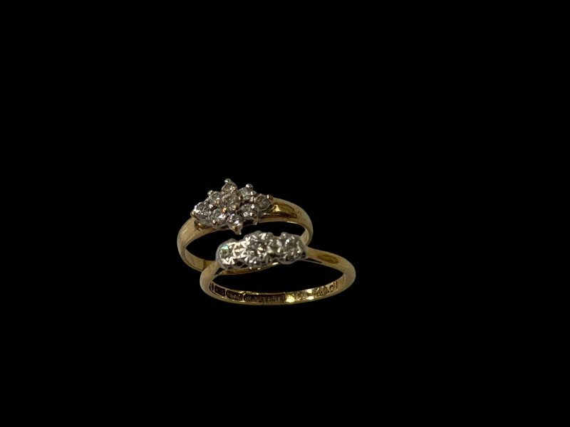 18 carat gold three stone diamond ring and 9 carat gold nine stone ring (2).