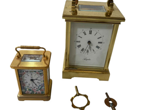 Gilt brass carriage clock, Fema, London, and small Halcyon Days clock...