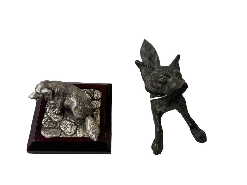 Bronze fox mask door knocker and silver dog ornament (2).