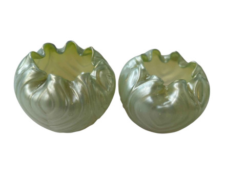 Pair iridescent glass bulbous vases, 8.5cm.