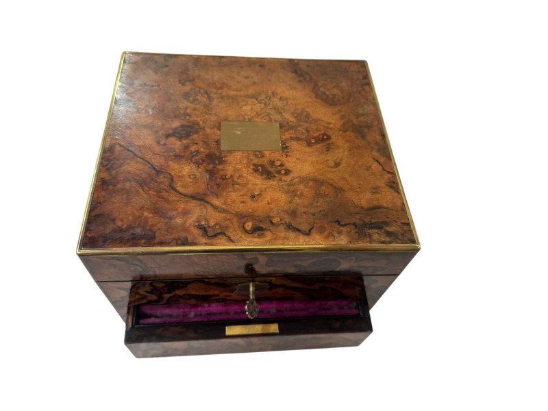 Good Betjemann & Son, London, 19th Century ladies toiletries and jewellery burr wood box, Wipps, Rochdale, 21cm across.