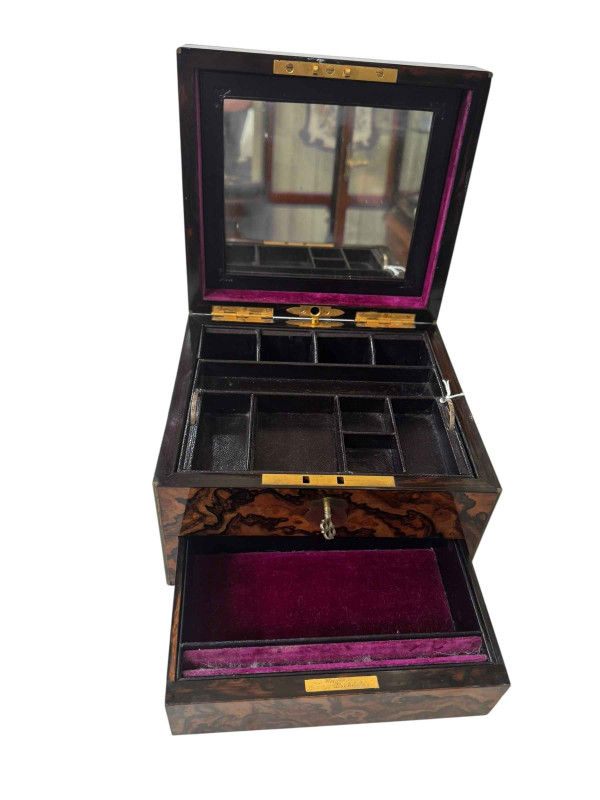 Good Betjemann & Son, London, 19th Century ladies toiletries and jewellery burr wood box, Wipps, Rochdale, 21cm across.