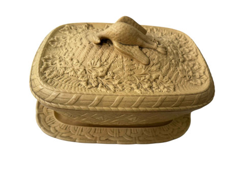 Stoneware game dish, cover and stand, 28cm across.