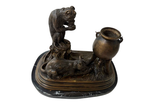 Bronze cat and monkey group, signed Bonheur, 28cm across.