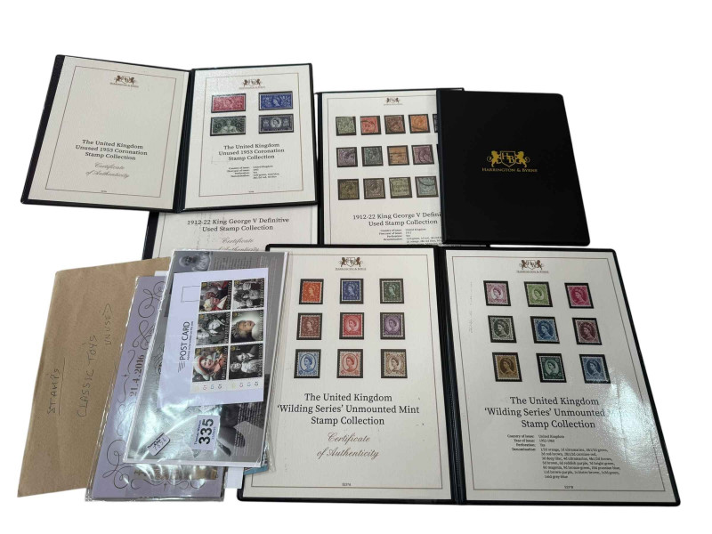 Harrington & Byrne stamps in leatherette folders inc UK unused 1953 Coronation, The UK Wilding Series unmounted mint, 1912-22 King George V definitive used, presentation packs, etc.