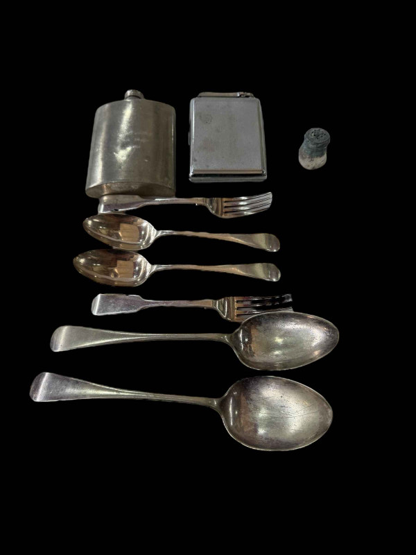 Two silver dessert spoons and two forks, silver pepper, pair EP tablespoons, flask and cigarette case, etc.