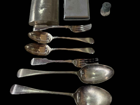 Two silver dessert spoons and two forks, silver pepper, pair EP tablespoons,...