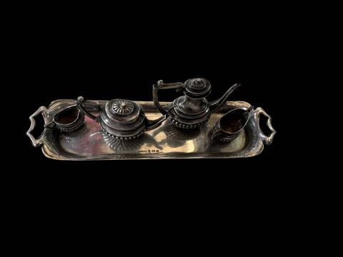 Silver children's five piece part fluted tea set, Birmingham 1957, tray...