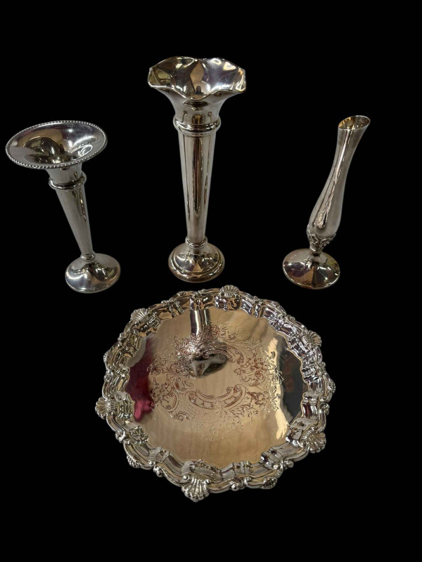 Two silver spill vases, Birmingham 1973 and Sheffield 1961, together with Walker & Hall salver, and spill.