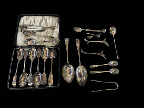 Silver flatware including six teaspoons, pair dessert spoons, carver rests,...
